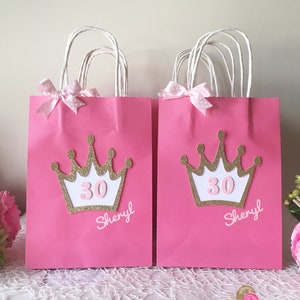 Personalised Princess Favour bags decorated with Glitter Crown and Pink satin Ribbon, Birthday Party bags SET OF 10 image 3