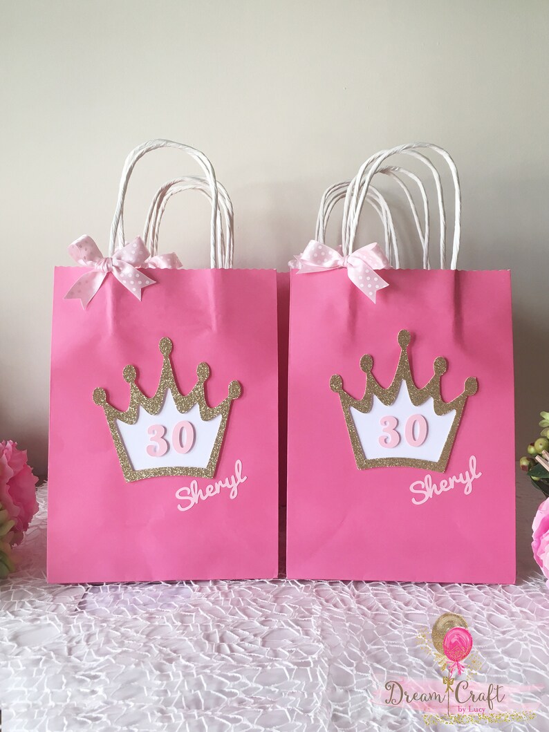 Personalised Princess Favour bags decorated with Glitter Crown and Pink satin Ribbon, Birthday Party bags SET OF 10 image 3