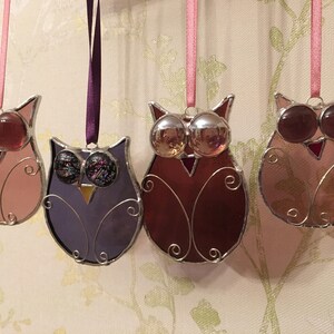 Stained glass googly eyed Owl sun catcher, hanging, decoration Purple