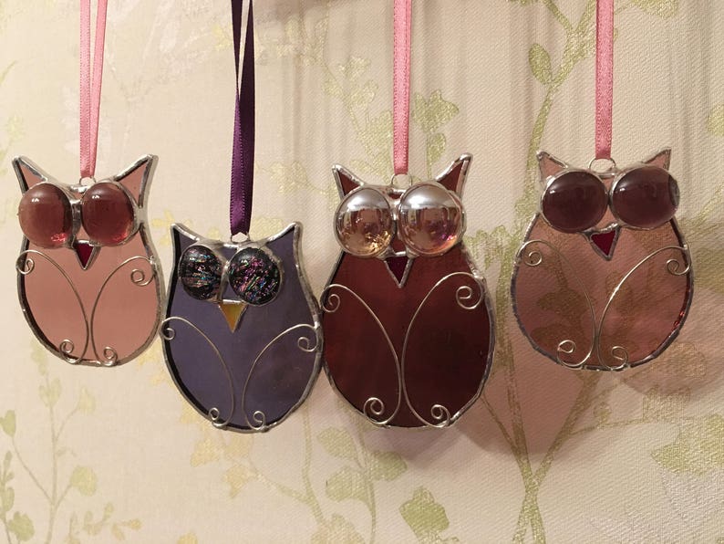 Stained glass googly eyed Owl sun catcher, hanging, decoration Purple