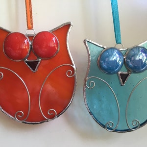 Stained glass googly eyed Owl sun catcher, hanging, decoration Orange