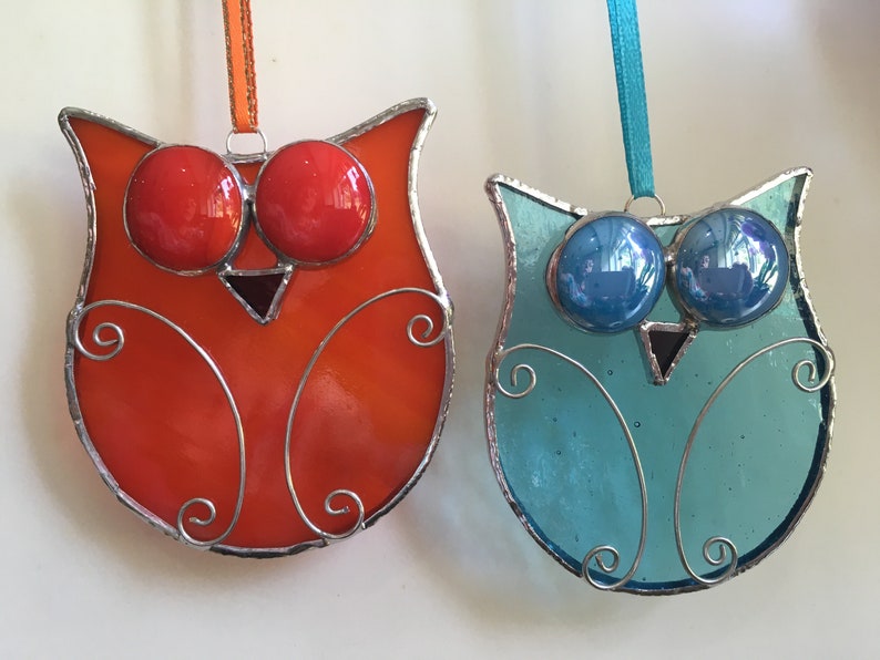 Stained glass googly eyed Owl sun catcher, hanging, decoration Orange