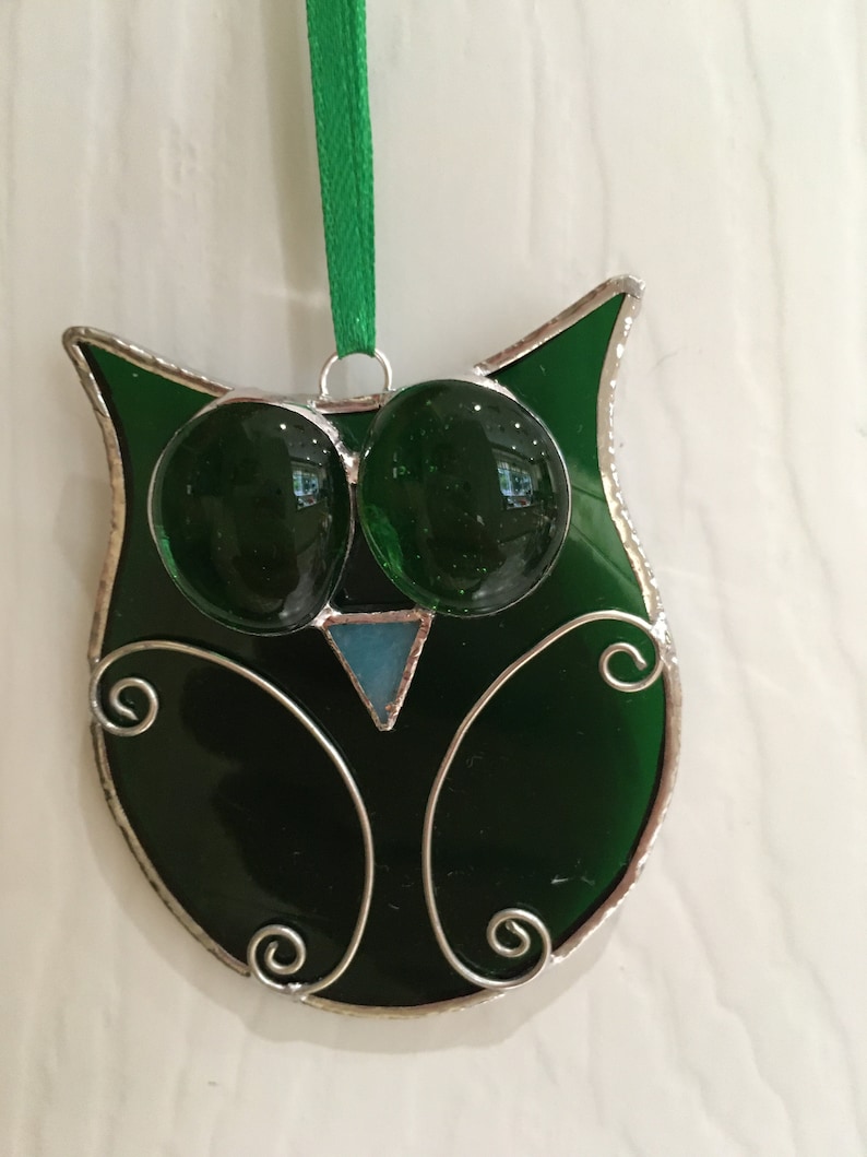 Stained glass googly eyed Owl sun catcher, hanging, decoration image 8