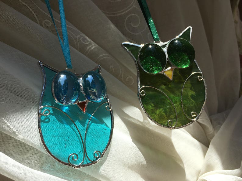 Stained glass googly eyed Owl sun catcher, hanging, decoration image 7