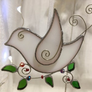 Handmade Stained glass dove bird with beaded wire scroll branch and bead berries - sun catcher decoration hanging