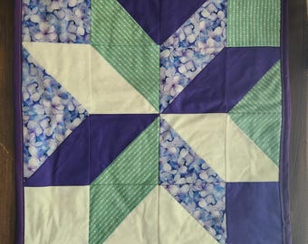 Reversible Quilted Table Runner – Handmade Floral Patchwork, Purple & Green