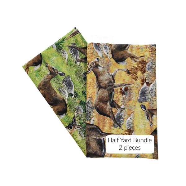 Half Yard Bundle Hidden Valley Deer Green Golden Background by Kevin Daniel Licensed to Wilmington Prints 100% Premium Cotton Fabric