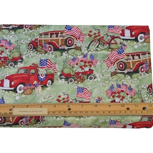 1/2 Yard Red Trucks and Wagons by Susan Winget 100% Premium Cotton Fabric, Patriotic Fabric Pattern # CP 67533