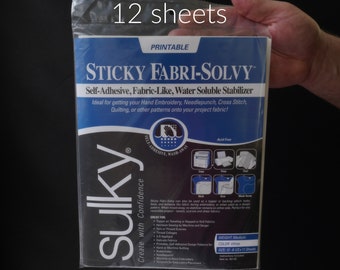 Sulky Sticky Fabri-Solvy 12 arkuszy 8,5 x 11 cali Stabilizator do druku, stabilizator rozpuszczalny w wodzie, do haftu, aplikacji itp. 457-02