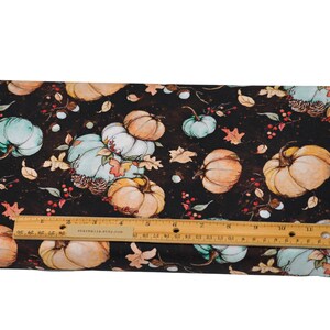 1/2 Yard Teal and Orange Pumpkins Tossed on Dark Brown by Susan Winget, Harvest Prints, Fall, Autumn 100% Premium Cotton Pattern # CP 72096