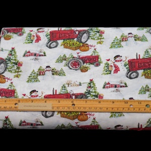 1/2 Yard Farm Tractors by Susan Winget 100% Premium Cotton Fabric Design # CP 74494 Christmas, Snowman, Barn, Christmas Tree