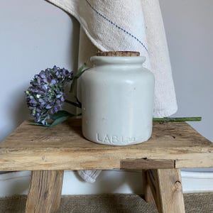 May include: A cylindrical off-white ceramic jar with a cork stopper, featuring the embossed text LAB Lac near the base. A purple hydrangea flower with green leaves is positioned next to the jar, which has a smooth, glazed finish.