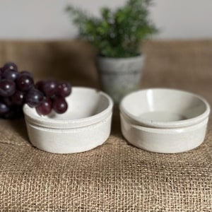 May include: Two off-white ceramic bowls with a slightly textured surface. A bunch of dark purple grapes sits to the left of the bowls. A small potted plant is in the background. The bowls are round with a small lip.