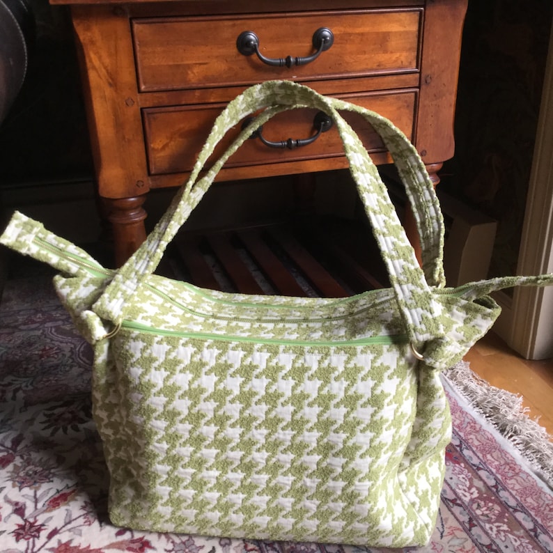 Overnight tote or carry-on bag in large houndstooth fabric