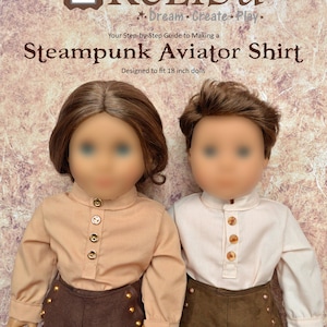 May include: A sewing pattern for a steampunk aviator shirt designed for 18 inch dolls. The pattern includes instructions for making a shirt with a high collar, button-up front, and long sleeves. The pattern is available as a downloadable PDF file.
