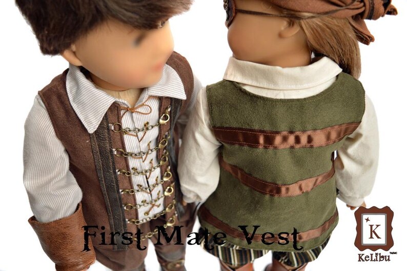 May include: Two dolls wearing brown and green vests with decorative details. The doll on the left is wearing a brown vest with gold accents and a white shirt. The doll on the right is wearing a green vest with brown ribbon accents and a white shirt. The text "First Mate Vest" is visible in the image.