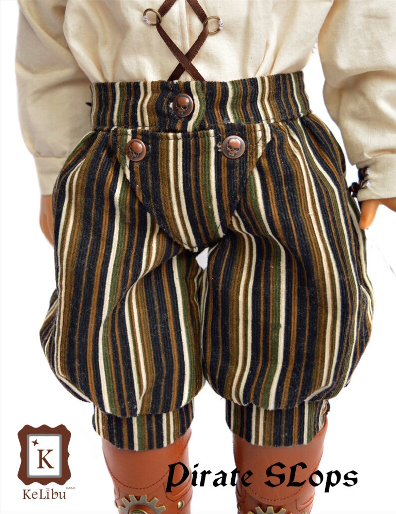 A closeup of the pants you can make with this pattern with a front fall drop section and pirate themed studs as buttons.