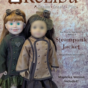 Puede incluir: Un patrón de costura digital para una chaqueta steampunk diseñada para muñecas de 45,7 cm. El patrón incluye una versión Maplelea. La imagen muestra dos muñecas con la chaqueta en diferentes colores.