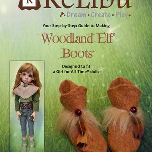 Puede incluir: Patrón de costura para botas de duende de bosque para una muñeca Girl for All Time. El patrón incluye instrucciones para hacer botas de fieltro marrón con ribete de piel y plumas. El patrón está diseñado para costureras intermedias.