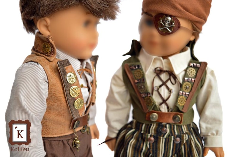 May include: Two dolls dressed in pirate costumes. One doll is wearing a brown vest with gold buttons and a brown hat. The other doll is wearing a green vest with gold accents and a brown bandana with an eye patch.