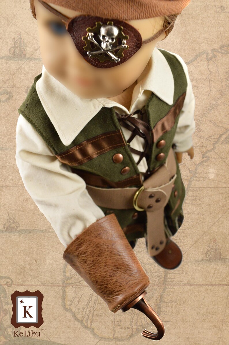 May include: A child's pirate costume with a green vest, brown belt, and a brown leather hook hand. The vest has brown ribbon accents and copper buttons. The child is wearing a brown hat and an eye patch with a skull and crossbones design.