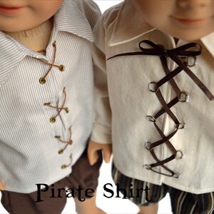 A closeup of the shirt you can make with this pattern that shows the two closure methods. The left shirt has eyelets for a laced closure and the right shirt has jump rings for a laced closure.