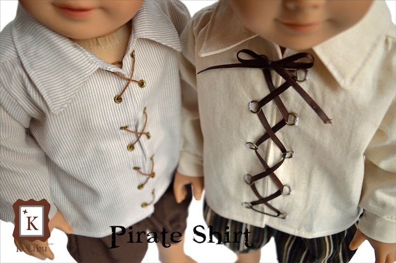 A closeup of the shirt you can make with this pattern that shows the two closure methods. The left shirt has eyelets for a laced closure and the right shirt has jump rings for a laced closure.