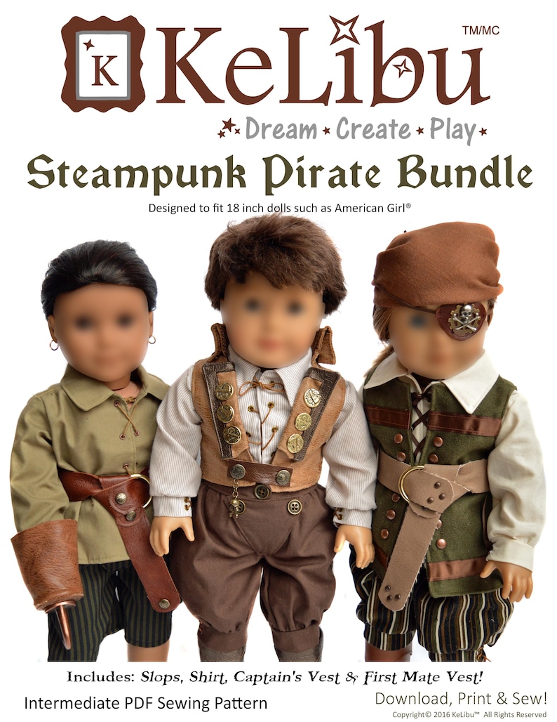 May include: Steampunk Pirate Bundle sewing pattern for 18 inch dolls. Includes slops, shirt, captain's vest and first mate vest. Download, print and sew! Intermediate PDF sewing pattern.