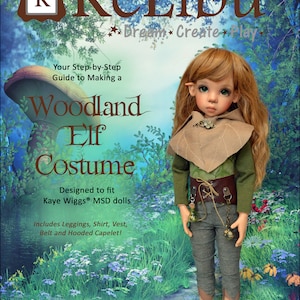 May include: A sewing pattern for a woodland elf costume designed to fit Kaye Wiggs® MSD dolls. The pattern includes leggings, a shirt, a vest, a belt, and a hooded capelet. The pattern is an intermediate level PDF sewing pattern. The image shows a doll wearing the completed costume.