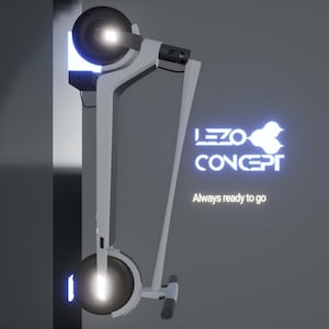 Puede incluir: Un patinete eléctrico blanco y gris con ruedas y faro iluminados. El patinete está apoyado en una pared gris con el texto "LEZO CONCEPT" y "Always ready to go" en blanco.