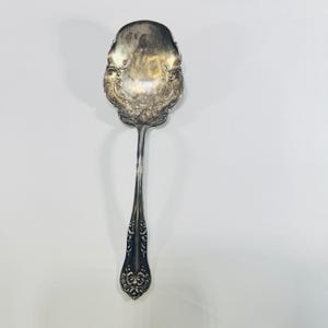 May include: A silver-toned serving spoon featuring an ornate, embossed scrollwork pattern along the edges of the bowl and the handle. The metal surface displays a polished finish with visible signs of natural tarnish and patina throughout.