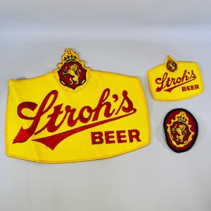 Vintage Stroh's Beer Patch Bundle, 3 Embroidered Employee Uniform Patches, Large Jacket Back Patch and Crest Badges