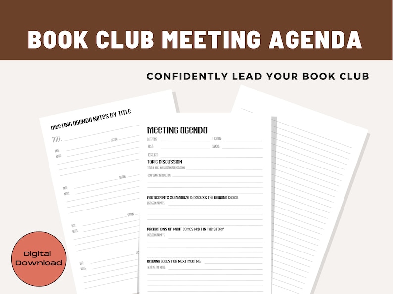 Book Club Printable Meeting Agenda & Meeting Agenda by Title Track Follow Outline to Lead Discussion with Confidence PDF Letter Planner image 1