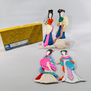 Vintage Chinese Silk Wall Dolls (Set of 4) | Estate Find from World Traveler | Embroidered Fabric Art in Original Gift Box | 1980s Decor