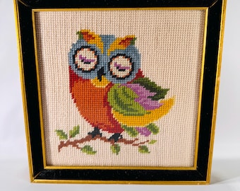 Framed Owl Needlepoint Art (9x9) | Mid-Century Hand-Stitched Wall Decor | Bold Retro Colors, Black Velvet Frame, Estate Find ) | Circa 1970s