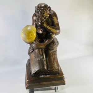 1962 Austin Productions Darwin Monkey Statue, Ape With Skull Thinker Chalkware Sculpture, 10 Inch