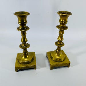 Vintage Miniature Brass Candlestick Holders Pair, 4 Inch Georgian Style Square Base Candle Holders, English Style Brass Decor