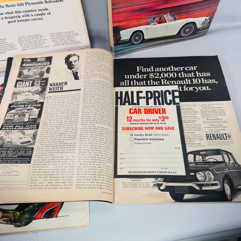 May include: A spread of open magazine pages with classic car adverts. One shows a white convertible, another promotes the Renault 10. Text includes "HALF-PRICE CAR DRIVER" and "SUBSCRIBE NOW AND SAVE".