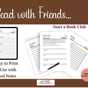 May include: Printable digital download for starting a book club. The image shows three pages with text and illustrations of birds and books. The text includes "Start a Book Club", "Book Club Discussionnaire", and "Monthly Book List".