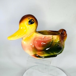 May include: A vintage ceramic duck planter with a yellow beak, brown head, and a body with pink, green, and brown hues. The duck has a wide opening for planting. The planter is on a clear stand.