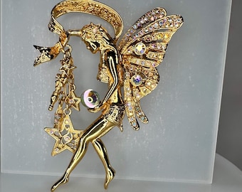 Signed Kirk’s Folly Fairy Godmother Brooch Pin, Gold Tone AB Rhinestone Wings, Iridescent Crystal Ball Orb, Dangling Stars Charms