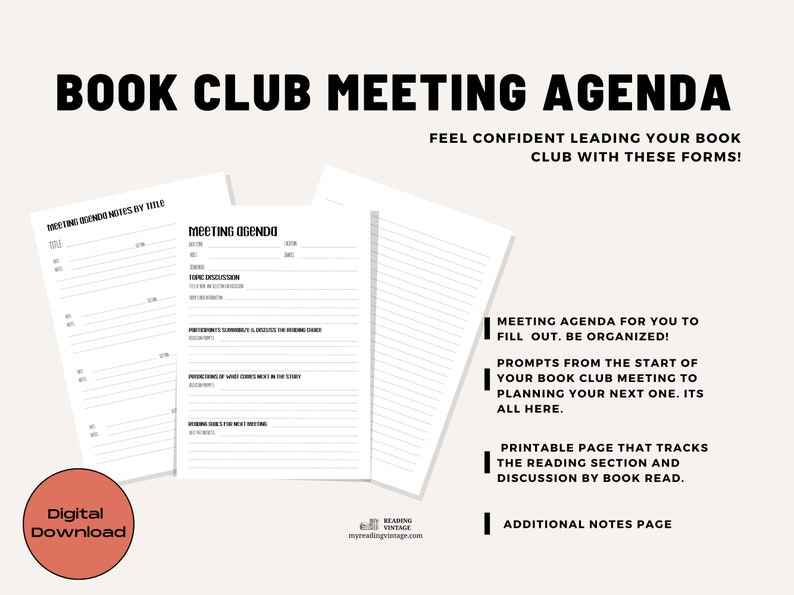 Book Club Printable Meeting Agenda & Meeting Agenda by Title Track Follow Outline to Lead Discussion with Confidence PDF Letter Planner image 6