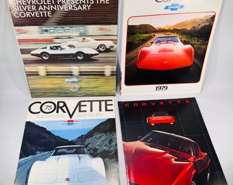 Set of 4 Vintage Corvette Brochures | 1975, 1979, 1982 & 1953–1978 Silver Anniversary | GM Dealership Car Ads Auto Ephemera Display Research
