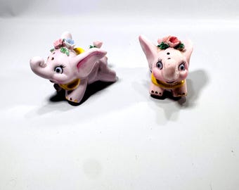 Vintage Pink Elephant Salt and Pepper Shakers (Marked 703) | 1950s Ceramic with Floral Details | Kitsch Elephant Collectible Pair
