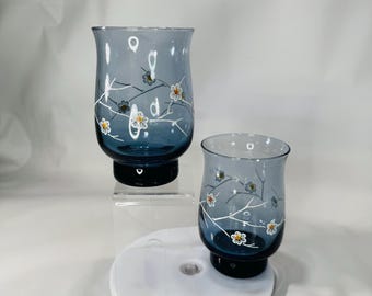 Vintage Libbey Dogwood Tumblers • Smokey Blue 12oz Glasses • Floral Drinking Glass Set of 2 • 5" Tall Retro Barware