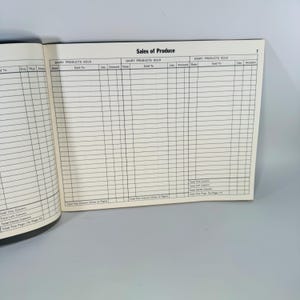 Pu&ograve; includere: Quaderno aperto con il titolo "Sales of Produce" in alto. Le pagine sono a righe con colonne per registrare le vendite di prodotti lattiero-caseari, tra cui data, venduto a, lbs e importo. Il quaderno &egrave; aperto a pagina 7.