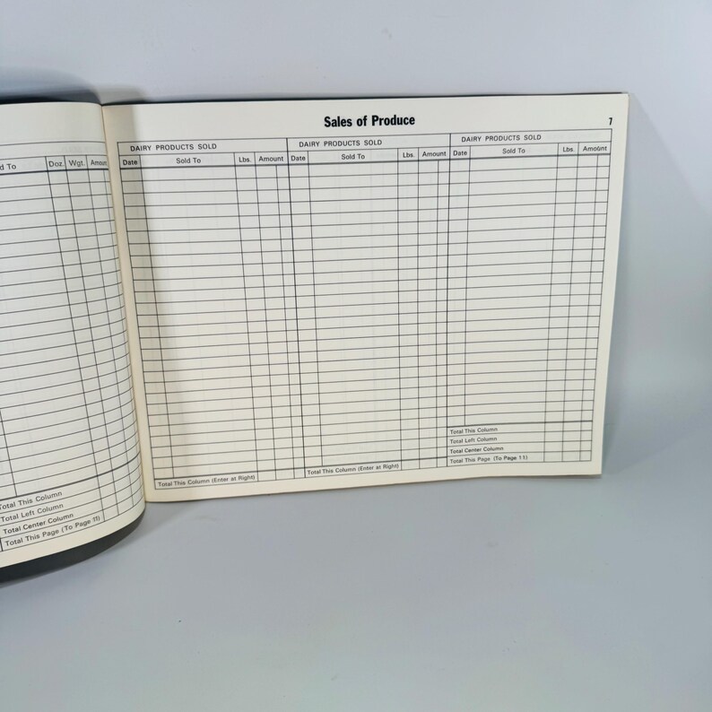 Pu&ograve; includere: Quaderno aperto con il titolo "Sales of Produce" in alto. Le pagine sono a righe con colonne per registrare le vendite di prodotti lattiero-caseari, tra cui data, venduto a, lbs e importo. Il quaderno &egrave; aperto a pagina 7.