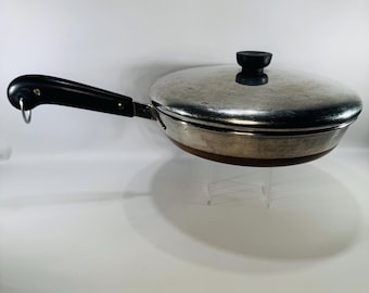 Vintage Revere Ware 10 Inch Skillet with Lid Copper Clad Stainless Steel Frying Pan Mid Century Cookware
