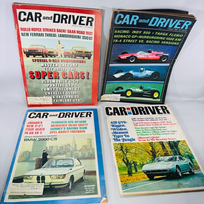 Four vintage Car and Driver magazines (1963–1968) with bold covers and visible water staining, plus interior pages showing contents lists, racing features, and full-page car ads.
