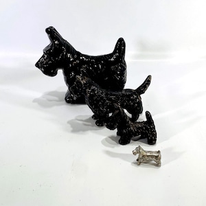 Set of 4 Scottie Dog Figurines – Vintage Mosser Glass, Two Cast Metal, Monopoly Piece, Home Decor Gift Ready Charm